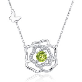 Leva Jewkis 925 Sterling Silver Birthstone Necklace for Women Created Gemstone Necklaces Flower Camellia Jewellery Gifts for Women Girls Adjustable Chain, Sterling Silver