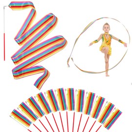 HiUnicorn 12PCS Rainbow Party Favors Dance Ribbons for Kids Circus Carnival Rhythmic Gymnastics Birthday Party Decoration Supplies, Ribbon Baton Twirling Sticks Silks Streamers Wands for Girls