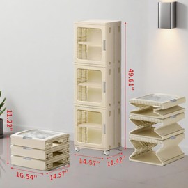 KINDLYF 3-Tier Narrow Bathroom Storage Cabinet with Clear Doors and Adjustable Shelves, Plastic Slim Bathroom Organizers and Storage Small Spaces Pantry Kitchen Laundry Room Quick Assembly, Beige