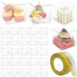 100 piezas Caja de regalo transparente con 2 rollos de cinta, caja de dulces de 5 x 5 x 5 cm, caja de embalaje de plástico, adecuada para regalos, embalajes, transparente de cajitas para dulces