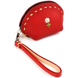 Women's Coin Purse Leather Cowhide Handmade Strap Cosmetic Pouch, red