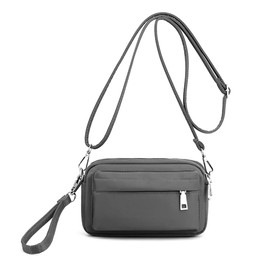 YANAIER Multi-Zipper Crossbody Handbag Purse, Women's Nylon Wristlet Mini Crossbody Bag Clutch with 2 Straps Grey