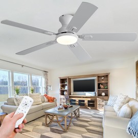KENSID 52 Inch White Ceiling Fans with Lights and Remote,Low Profile Flush Mount Modern Ceiling Fan with Light, 5 Blades,3 Color LED Light,6 Speed DC Motor,Indoor Outdoor Ceiling Fan for Bedroom