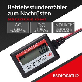 MOTOGROUP - Moto Timer +e - Retrofit Hour Counter - Hour Meter - Inductive Connection - Connection to Operating Voltage - Connection to Voltage, One Meter for All Signals