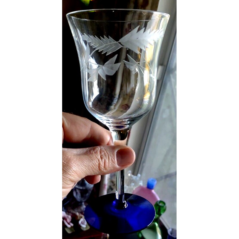 Weston GOBLET COBALT BLUE Foot CLEAR Glass Flower Cut 7-3/8”