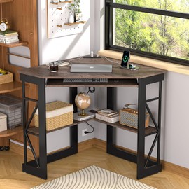 VECELO Corner Desk Computer Desk 41'x30'with Charging Station & Keyboard Tray & Storage Shelves for Small Space,Triangle Table for Home Office Bedroom,Rustic Natural Brown