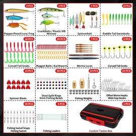 GOTOUR Fishing Lures Kit with Tackle Box, Bass Fishing Accessories Included Fishing Gear and Equipment, Crankbaits, Spinner, Spoon, Popper, Frog, Minnow, Worms, Hooks for Freshwater