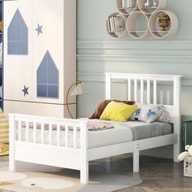 Merax Twin Bed Frame,Twin Platform Bed with Headboard,Wood Twin Size Bed Frame for Kids,No Spring Box Needed (White Twin Bed)