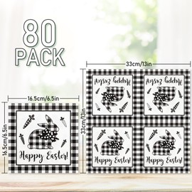 Whaline 80 Pack Easter Farmhouse Napkins 6.5 x 6.5 Inch White Black Plaid Rabbit Luncheon Napkins Happy Easter Disposable Paper Dinner Napkins for Spring Easter Party Supplies Table Decorations