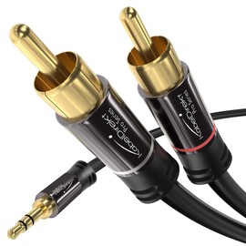 Kabel Direkt – Cable adaptador macho Aux/3.5mm a RCA/phono – 1,8m – 2 enchufes RCA/phono (cable splitter audio Y, para conectar smartphones/notebooks y otros equipos a sistemas Hi–Fi/altavoces, negro)