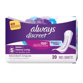 Always Discreet Adult Incontinence & Pads, Heavy Absorbency, Size 5, Long, 39 Ct
