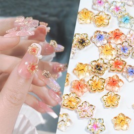 50Pcs Flower Nail Rhinestone Clear Crystal Nail Art Rhinestones Gold Edge Flower Nail Gems Acrylic Crystal Nail Studs Mixed Color Lucky Cherry Blossom Nail Jewelry for Nail Art Faces Eyes Makeup Decor