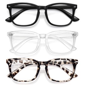 Blue Light Filter Glasses Unisex Nerd Non-Prescription Clear Lens Fake Glasses, Black + grey + transparent