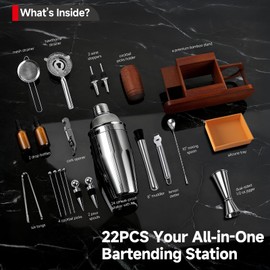 Lexenic Cocktail Making Dock, 23-Piece Cocktail Shaker Set with Versatile Wooden Stand, Easy Access Stainless Steel Bartender Kit All-in-One Home Bar Organization, Premium Gift Set