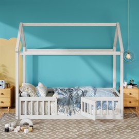 Merax Wooden House Bed, Floor Bed with Fence and Door,Full Guardrail Bed, Twin Size Bed, White