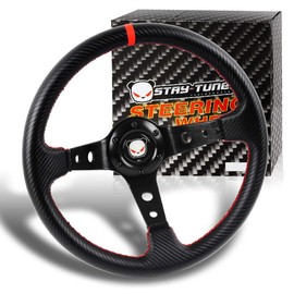 W Power Exclusive Angry-Panda 350MM Deep Dish Drift Style Red Stitch Carbon PVC Leather 6 Hole Steering Wheel