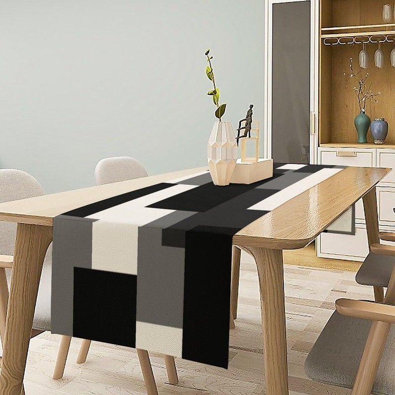 Black Grey Table Runner White Gray Modern Abstract Geometric Kitchen