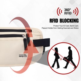 Unisex Money Belt For Men and Women, Slim Passport Holder RFID Blocking Travel Essentials Pouch with Adjustable Strap Small Waist Pouch for Workout Running Travelling Hiking, Cream White