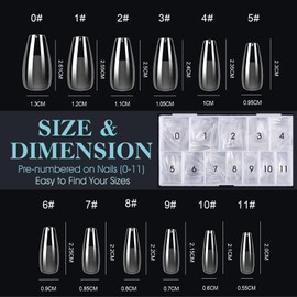 Gelike EC Nail Tips, Pack of 552 Transparent Fake Nails, Pre-Buffed PMMA Resin Artificial Nail Tips in 12 Sizes, Artificial Ballerina Nails for Gluing, DIY Nail Art Starter – Medium Coffin