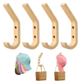 Daily Treasures 4 Pack Hats Storage Wall Mounted,Wooden Hat Rack Hook,Double Hook Design Wall Mounted for Coat,Adhesive/Wall Caps Holder Drilled for Door, Bedroom, Closet（Beech Wood）