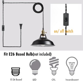 YUBOLE Industrial Hanging Lights with Plug in Cord, Black Barn Pendant Light with Switch for Kitchen Bedroom Bar Reataurant Cafe Loft