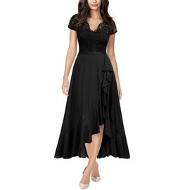 Miusol Women's V Neck Elegant Lace Ruffle Bridesmaid Maxi Dress (Medium, C-Black)