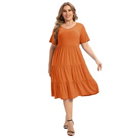 AMZ PLUS Women's Plus Size Casual Dress Lantern Sleeve Ruffle Hem V Neck Loose Swing Tunic Mini Dress (Short-Orange 2XL)