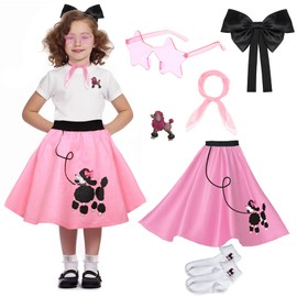 1950s Girls Poodle Skirt Dress up Kit, Bobby Sock,Chiffon Scarf, 50s Costume Outfit for Kids Toddler (Pink, 7-10 Yrs)