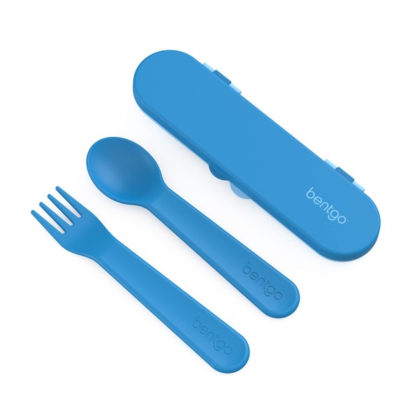 Bentgo® - Juego de utensilios para niños, tenedor, cuchara y estuche de plástico reutilizable, materiales sin BPA, asas de fácil agarre, apto para lavaplatos, ideal para almuerzos escolares, viajes y exteriores (azul)