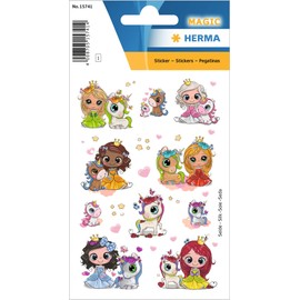 HERMA 15741 Stickers Princess Unicorn Glitter Small, Pack of 22, Girls Stickers Made of Silk Fabric with Cute Princess Motif, Children's Labels for Diary, Poetry Album, Scrapbooking, Birthday