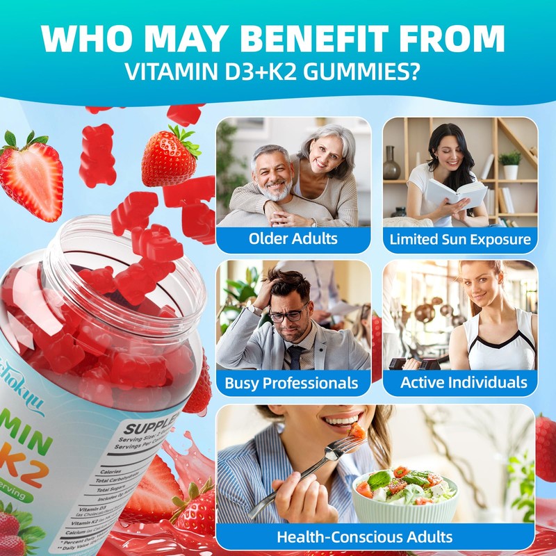 Mchokuu Vitamin D3 K2 Gummies 5000IU Sugar Free Supplement, 60