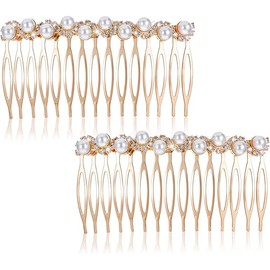 2Pcs Hair Combs for Women Accessories, Hair Combs for Women Decorative, Gold Pearl Hair Comb with Rhinestones, Decorative Hair Combs for Women, Hair Side Combs for Bridal Wedding