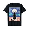 Black Cat Night Scene Cherry Blossom Moon Mountain Art T-Shirt