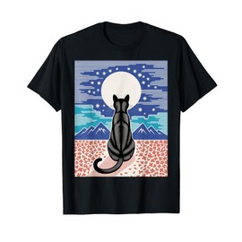 Black Cat Night Scene Cherry Blossom Moon Mountain Art T-Shirt