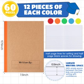 Henoyso 60 Pcs Primary Composition Notebook for Kids 9.75 x 7.5 Inch K-2 Primary Writing Journal with Rainbow Spine 60 Pages Draw and White Journal for Student School Supplies