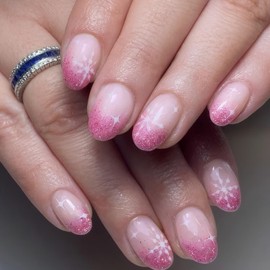 Rchovsam Christmas Short Press on Nails Oval Pink Glitter Nails Press Ons Xmas Snownflake Designs False Nails Full Cover Artificial Acrylic Nails 24pcs - Blush Gradient