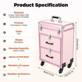 TFCFL Rolling Makeup Train Case, 3 Tier Professional Cosmetic Organizer Makeup Traveling Case with Lock, load-bearing 110.3 lbs, for Beauty Personal Care (Pink)