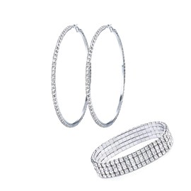 Kakonia Rhinestone Choker Necklace Bracelet Hoop Earrings for Women Bling Rhinestone Jewelry Set for Wedding Bridal Party