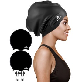 2 Pack Extra Large Swim Cap for Braids and Dreadlocks, Silicone Swimming Caps for Long Hair, Weaves, Extensions, Curls & Afros, Waterproof Adult Swim Hats Bathing Caps for Women Men(Black+Black)
