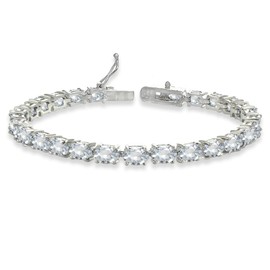 Sterling Silver Genuine, Created or Simulated Gemstone Oval-cut Tennis Bracelet for Women with Gift Box, 7.25 inches, Metal, aquamarine