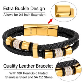 VEXXS Mens Leather Bracelet, Braided Genuine Leather Bracelets with Cross and Evil Eye, Mens Bracelet Mens Jewellery Gift for Husband Boyfriend Dad Brother (7.5 inches, B-Gold Diamond)