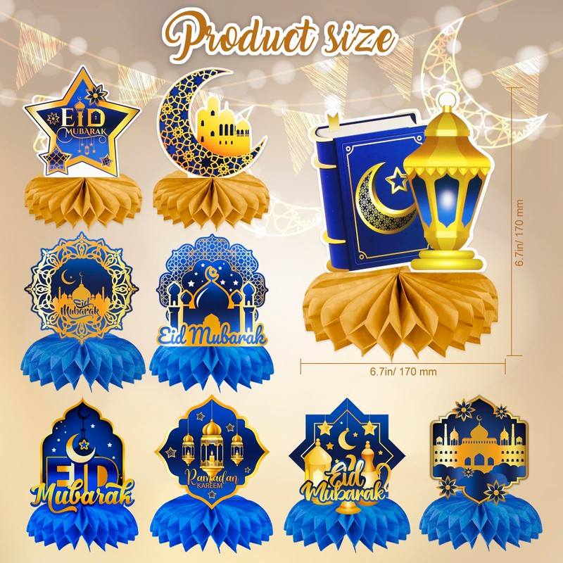 HOWAF 9pcs Eid Mubarak Decorations Eid Mubarak Honeycomb Centerpieces Eid