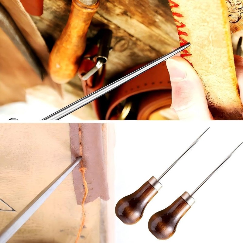 2 Pcs Wooden Handle with Gourd Shape Awl Tool Alloy,Leather
