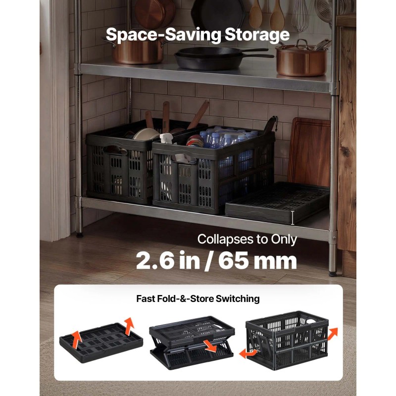 45L Plastic Collapsible Storage Bins 3-Pack Stackable Folding Storage Crates