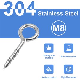 Ruayia Screw Hooks, Stainless Steel, Pack of 4, M8 x 114 mm, 304 Stainless Steel, Self-Tapping, Eye Screws, Ceiling Hooks, Hook Screw, Ring Screw, Nails, Eyelets Screw for DIY Cork, Crafts, Hanging Wooden Frames