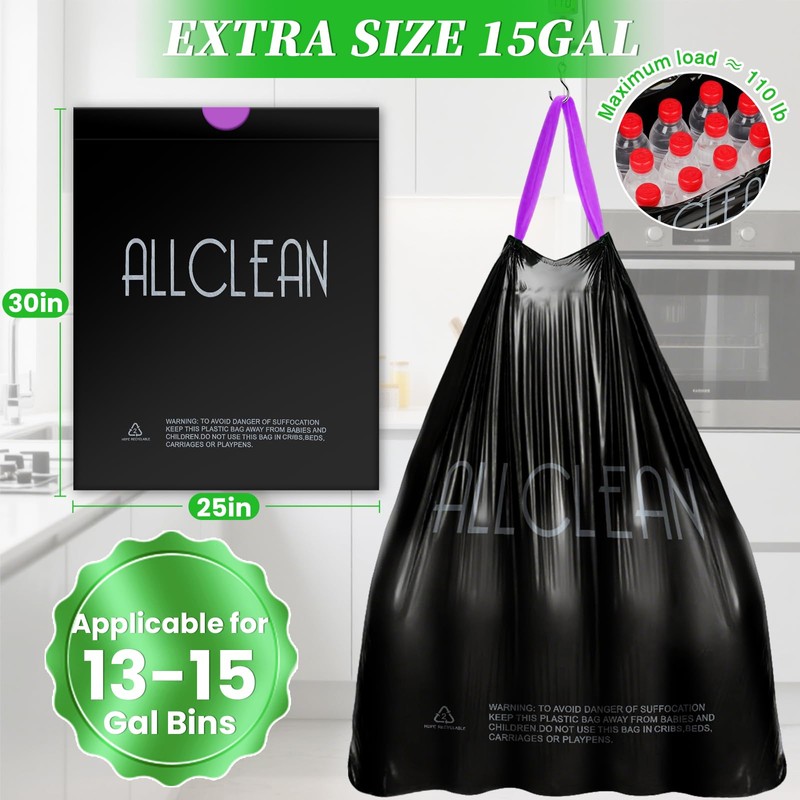Trash Bags 15 Gallon Tall Kitchen Drawstring Garbage Bags,Fit 13-15