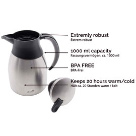 ZOLLNER24 Stainless Steel Thermos Flask, 1 Litre, Quick Tip Closure, 20 Hours Heat Retention