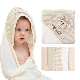 Smluckyg 6-Pack Organic Cotton Baby Bath Set - Ultra Soft Embroidered Hooded Towel and 5 Washcloths, Premium Gentle Newborn, Toddlers Gift for Sensitive Skin, Stripes, 30 x 30 Inch