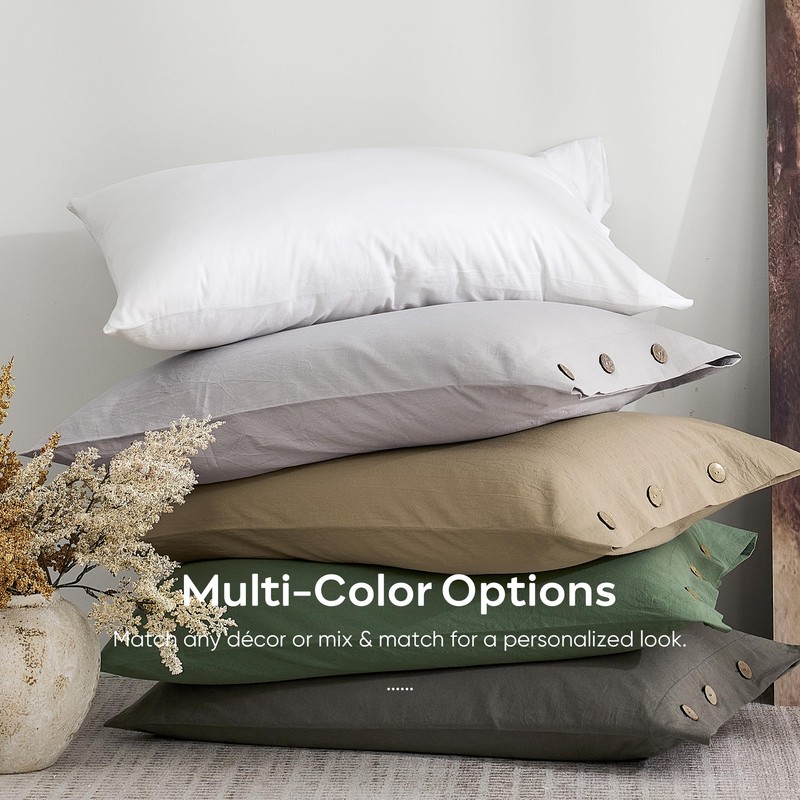 JELLYMONI 100% Washed Cotton Pillowcases, Standard, Button Closure