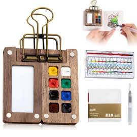 Mini Paint Palette Travel Kit,Mini Watercolor Kit, Watercolor Paint Kit,Portable Pocket Palette with Brush（Wooden 8 Grid